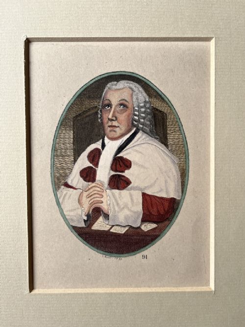 fig 1. An oval hand-coloured portrait etching of Sir William Nairne in full legal robes and wig, presented within a textured cream window mount.