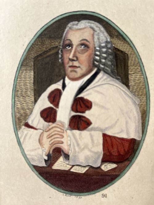 fig 2. An oval hand-coloured portrait etching of Sir William Nairne in full legal robes and wig, presented within a textured cream window mount.
