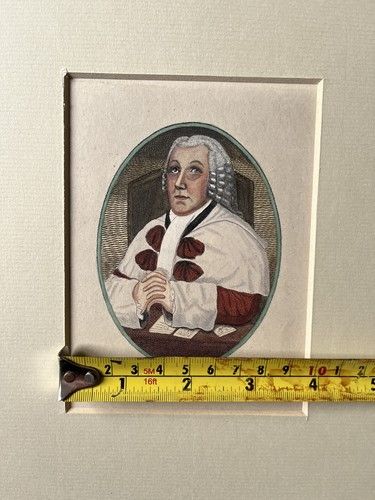 fig 5. An oval hand-coloured portrait etching of Sir William Nairne in full legal robes and wig, presented within a textured cream window mount.