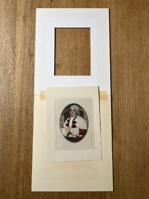 fig 7. An oval hand-coloured portrait etching of Sir William Nairne in full legal robes and wig, presented within a textured cream window mount.