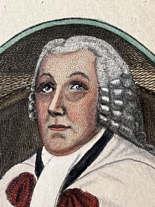 fig 8. An oval hand-coloured portrait etching of Sir William Nairne in full legal robes and wig, presented within a textured cream window mount.