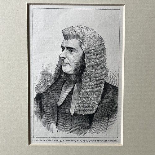 fig 1. An 1871 monochrome wood engraving portrait of a gentleman in a ceremonial judicial wig and coat, mounted in cream card.
