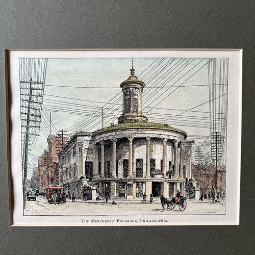 fig 1. An 1891 hand-coloured wood engraving by Edward Whymper depicting the Merchants Exchange building in Philadelphia set within a dark grey mount.