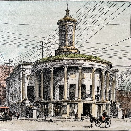 fig 2. An 1891 hand-coloured wood engraving by Edward Whymper depicting the Merchants Exchange building in Philadelphia set within a dark grey mount.