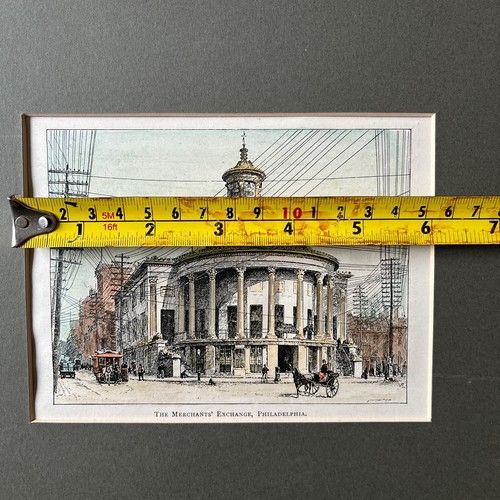 fig 6. An 1891 hand-coloured wood engraving by Edward Whymper depicting the Merchants Exchange building in Philadelphia set within a dark grey mount.