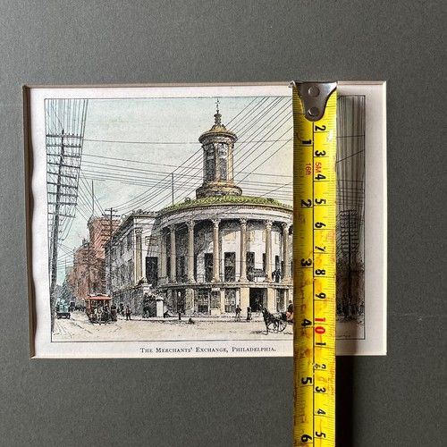 fig 7. An 1891 hand-coloured wood engraving by Edward Whymper depicting the Merchants Exchange building in Philadelphia set within a dark grey mount.