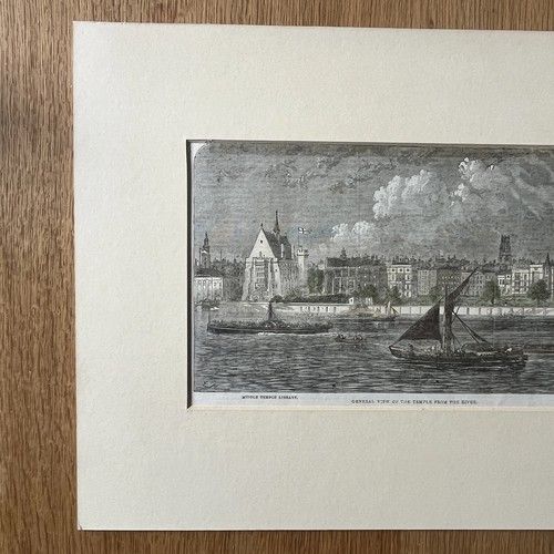 fig 1. An 1861 Victorian wood engraving depicting a river scene along the Thames with boats and Middle Temple Library in London, set in a cream mount.