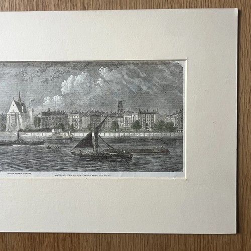 fig 2. An 1861 Victorian wood engraving depicting a river scene along the Thames with boats and Middle Temple Library in London, set in a cream mount.