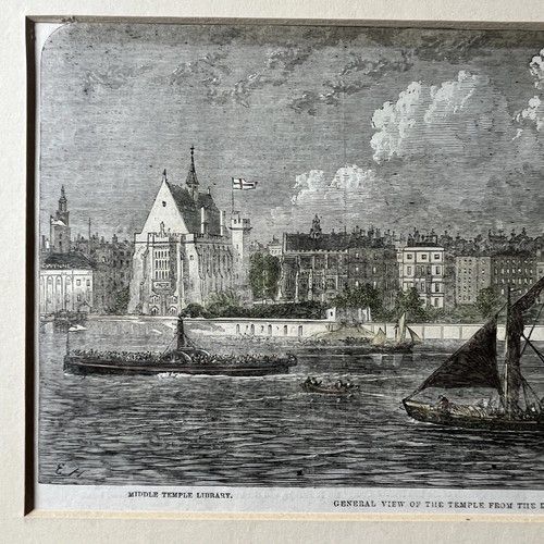 fig 3. An 1861 Victorian wood engraving depicting a river scene along the Thames with boats and Middle Temple Library in London, set in a cream mount.