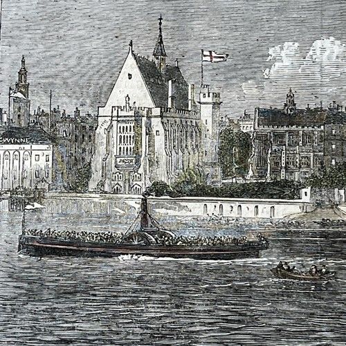 fig 4. An 1861 Victorian wood engraving depicting a river scene along the Thames with boats and Middle Temple Library in London, set in a cream mount.