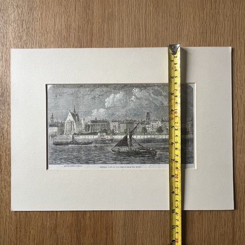 fig 5. An 1861 Victorian wood engraving depicting a river scene along the Thames with boats and Middle Temple Library in London, set in a cream mount.