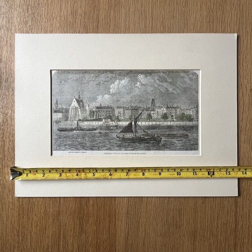 fig 6. An 1861 Victorian wood engraving depicting a river scene along the Thames with boats and Middle Temple Library in London, set in a cream mount.