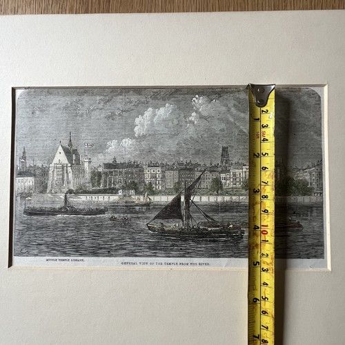 fig 7. An 1861 Victorian wood engraving depicting a river scene along the Thames with boats and Middle Temple Library in London, set in a cream mount.
