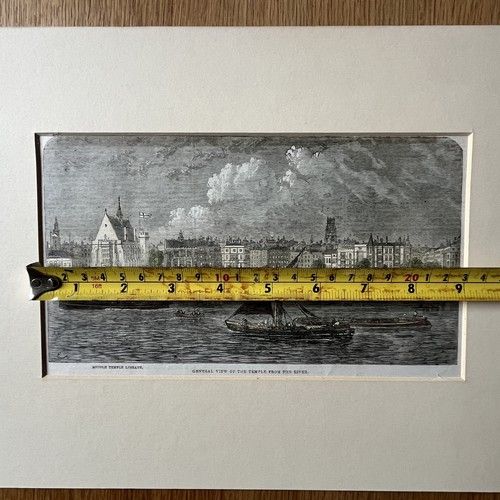 fig 8. An 1861 Victorian wood engraving depicting a river scene along the Thames with boats and Middle Temple Library in London, set in a cream mount.