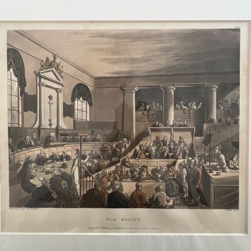 fig 1. An 1808 hand-coloured aquatint print illustrating the interior of the Old Bailey courtroom filled with figures, mounted in a white card window.