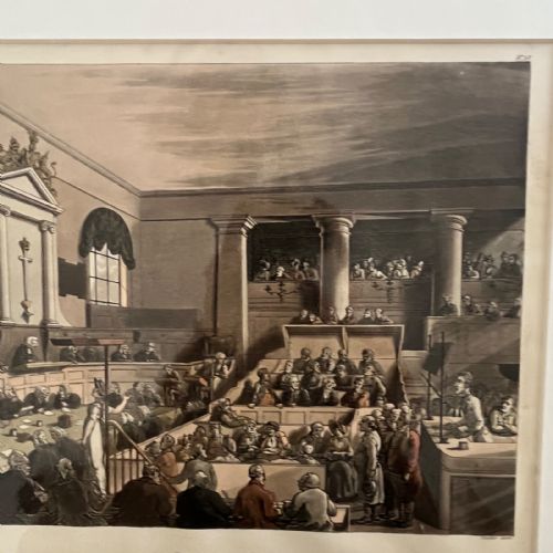 fig 2. An 1808 hand-coloured aquatint print illustrating the interior of the Old Bailey courtroom filled with figures, mounted in a white card window.
