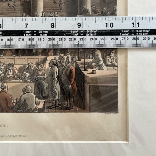 fig 8. An 1808 hand-coloured aquatint print illustrating the interior of the Old Bailey courtroom filled with figures, mounted in a white card window.