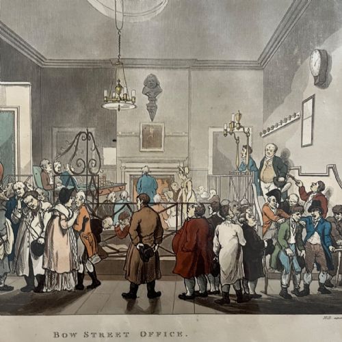 fig 1. An 1808 hand-coloured aquatint depicting the interior of Bow Street Office filled with Georgian figures, mounted in a cream card mat.
