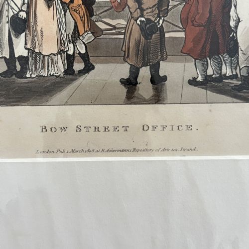 fig 2. An 1808 hand-coloured aquatint depicting the interior of Bow Street Office filled with Georgian figures, mounted in a cream card mat.