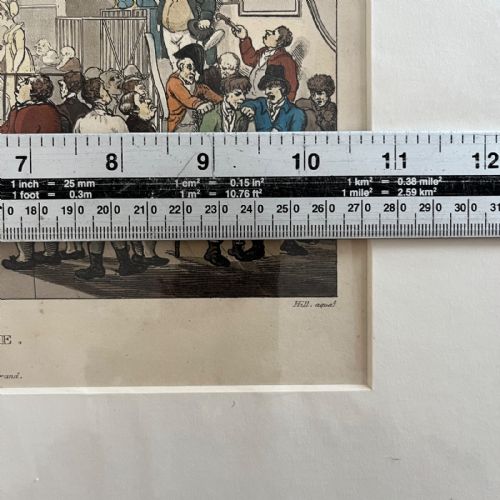fig 9. An 1808 hand-coloured aquatint depicting the interior of Bow Street Office filled with Georgian figures, mounted in a cream card mat.