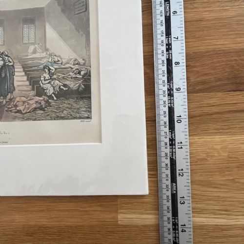 fig 5. A mounted 1808 hand-coloured aquatint print by Rowlandson and Pugin depicting the Pass-Room at Bridewell with figures in a large interior space.