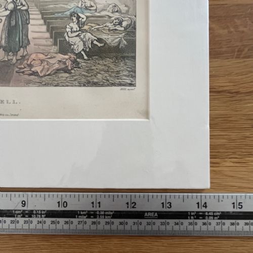 fig 6. A mounted 1808 hand-coloured aquatint print by Rowlandson and Pugin depicting the Pass-Room at Bridewell with figures in a large interior space.