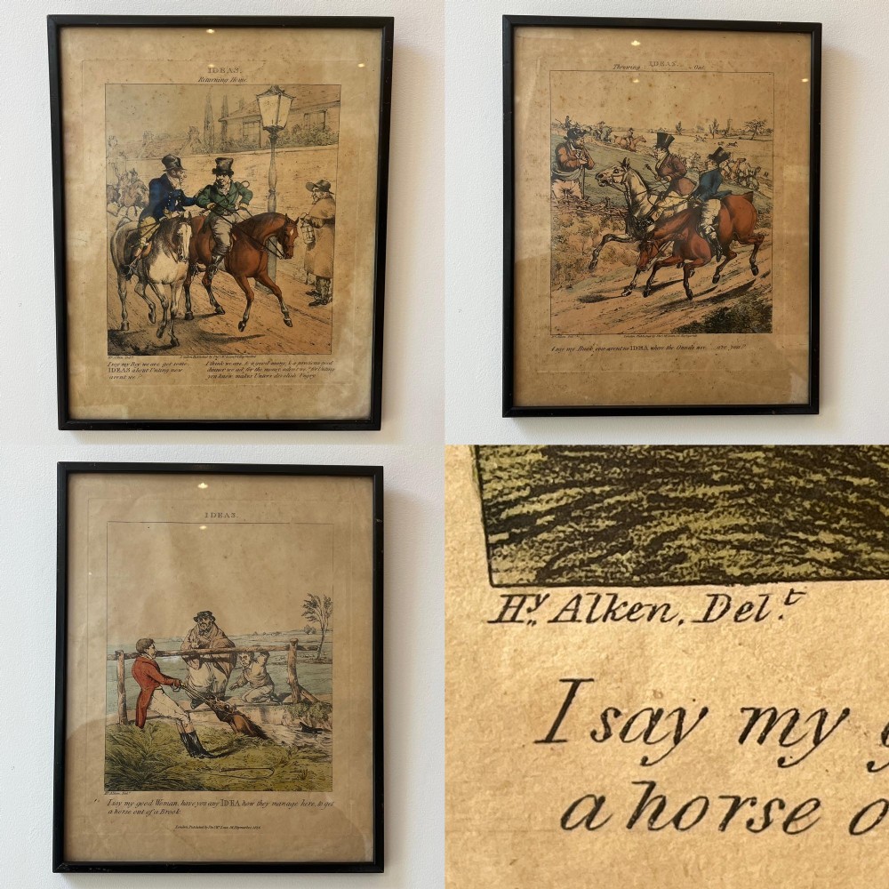 A set of three framed nineteenth-century hand-coloured satirical equestrian engravings by Henry Alken presented in simple black frames.