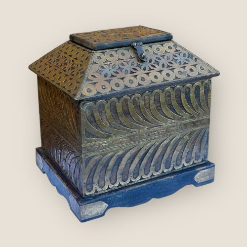 Antique Brass & Wooden Box with a Hinged Wooden Top