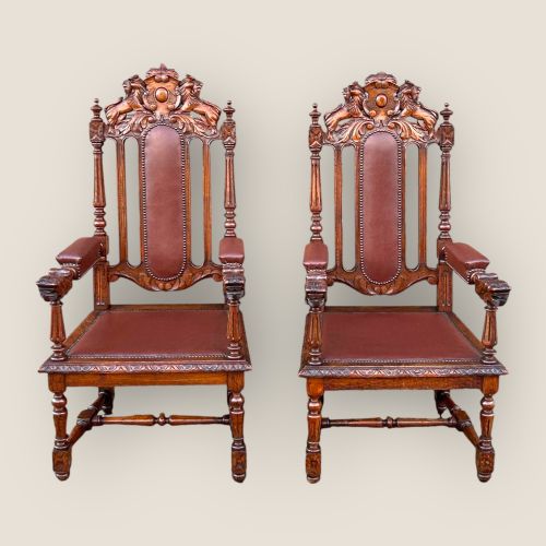 Pair of Victorian Gothic Revival Carved Oak Throne Chairs