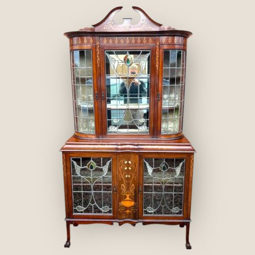Antique Victorian Art Nouveau Mahogany Inlaid Display Cabinet with Glass Doors