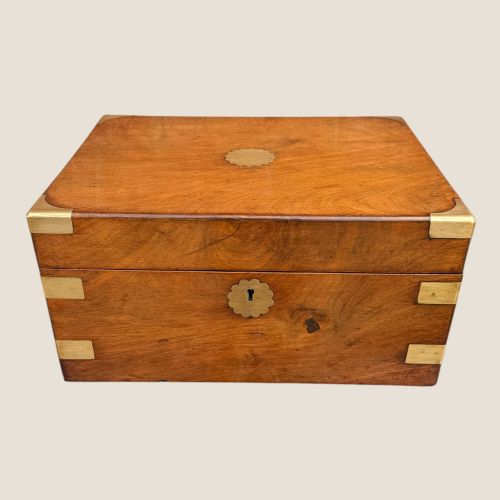 Antique Victorian Walnut & Brass Campaign Writing Slope Box - Leather Interior