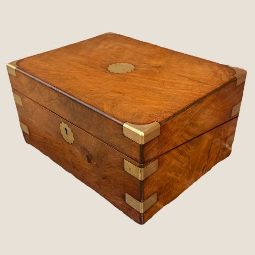 fig 1. Antique Victorian Walnut & Brass Campaign Writing Slope Box - Leather Interior