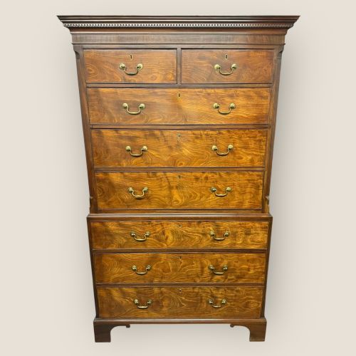 Antique Georgian George III Mahogany & Brass Handled 8 Drawer Chest on Chest