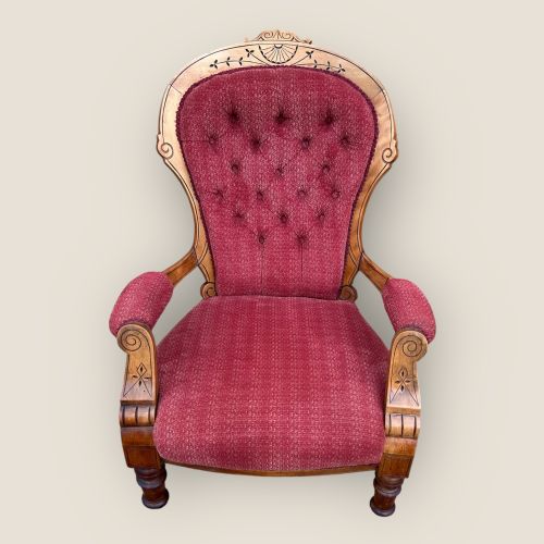 fig 1. Antique Victorian Satin Burch Red Button Back Armchair with Turned Legs