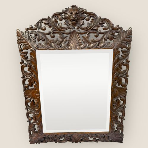 Antique Victorian Carved Oak Bevelled Mantel Mirror with Carved Lion Pediment