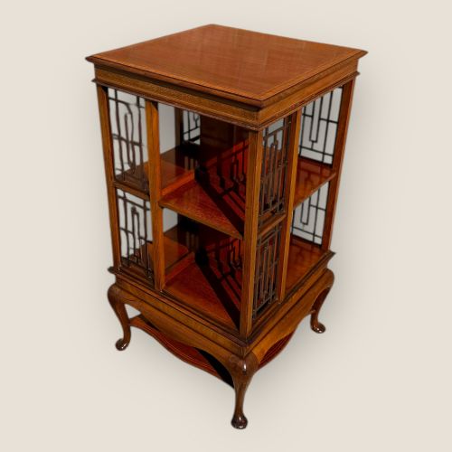 Antique Edwardian Mahogany and Inlaid Revolving Bookcase