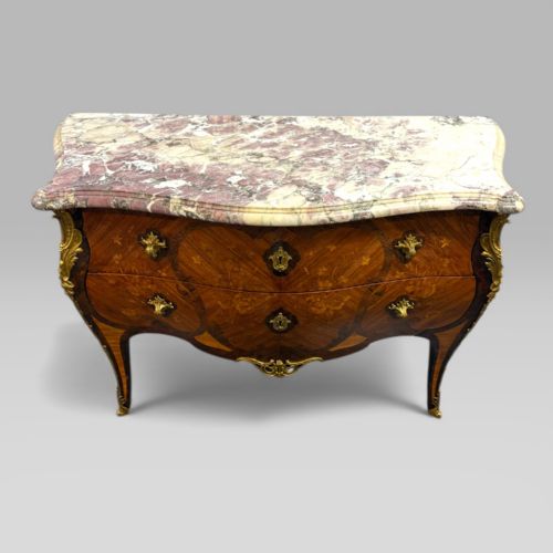 fig 1. Antique French Tulipwood & Rosewood Louis XV Style Marquetry Commode