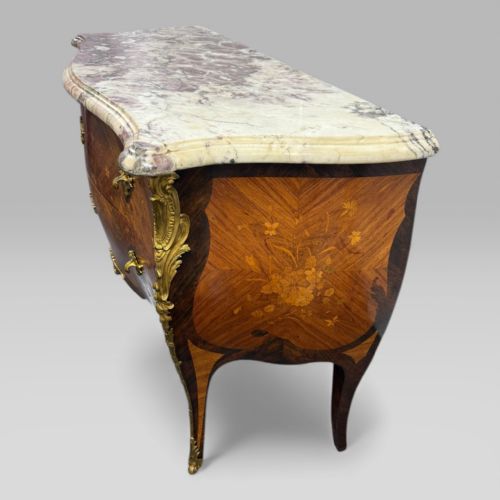 fig 3. Antique French Tulipwood & Rosewood Louis XV Style Marquetry Commode