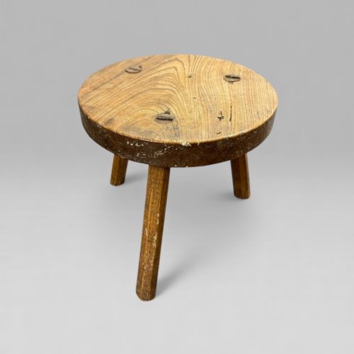 fig 2. Antique Elm Farmhouse Country Three-Legged Milk Stool