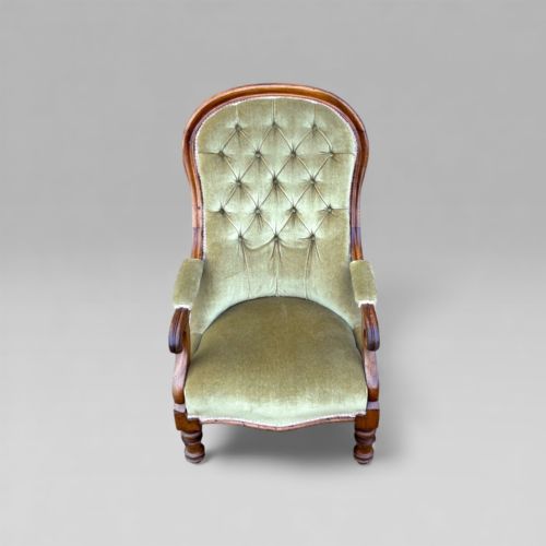 fig 1. Antique Victorian Green Button Back Mahogany Armchair With Turned Legs