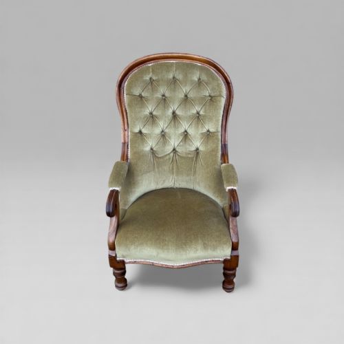 fig 2. Antique Victorian Green Button Back Mahogany Armchair With Turned Legs