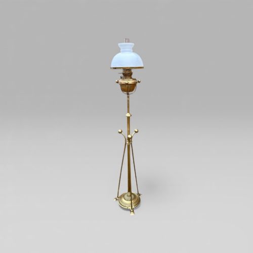 fig 1. Antique Floor Standing Brass Pole Oil Lamp with White Glass Shade & Tripod Base