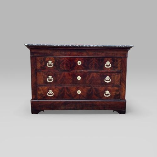 fig 1. Antique 19th Century French Flame Mahogany & Brass Handled Marble Topped Commode