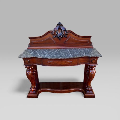fig 1. Antique Victorian Mahogany & Marble Topped Carved Console Wall Table with Drawer