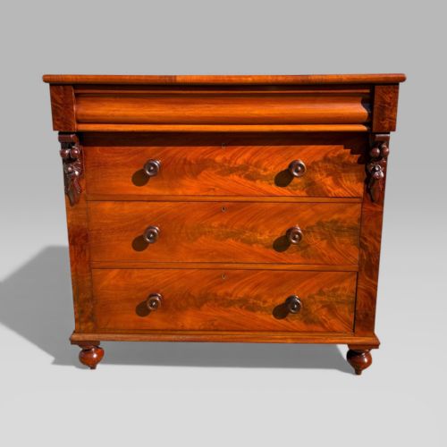 fig 1. Antique Scottish Victorian Flame Mahogany Chest of Drawers with Wooden Handles