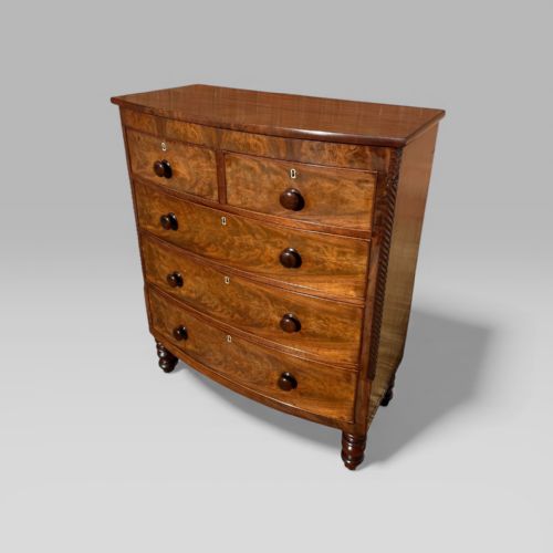 fig 1. Antique Victorian Mahogany Bow Front Chest of Drawers with Wooden Handles