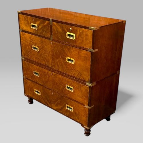 fig 1. Antique Victorian Figured Walnut & Brass Campaign Chest of 5 Drawers