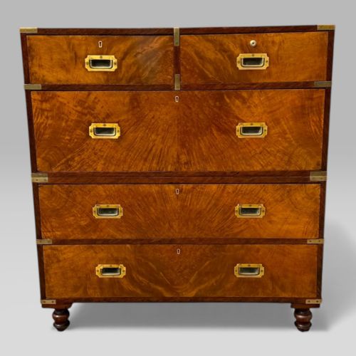fig 2. Antique Victorian Figured Walnut & Brass Campaign Chest of 5 Drawers