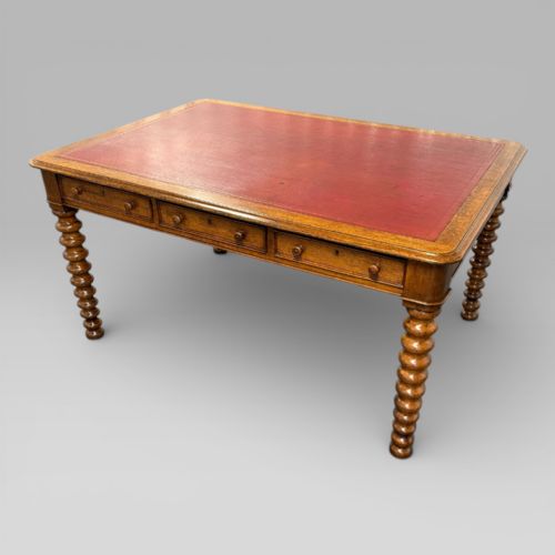 fig 1. Antique Victorian Golden Oak Library Table / Partners Desk with Leather Top