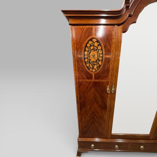 fig 1. Antique Edwardian Mahogany Three-Door Marquetry Inlaid Wardrobe with Mirror